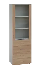 LE - 64 skříň léková prosklená, pravá, korpus šedý, dvířka dub bardolino